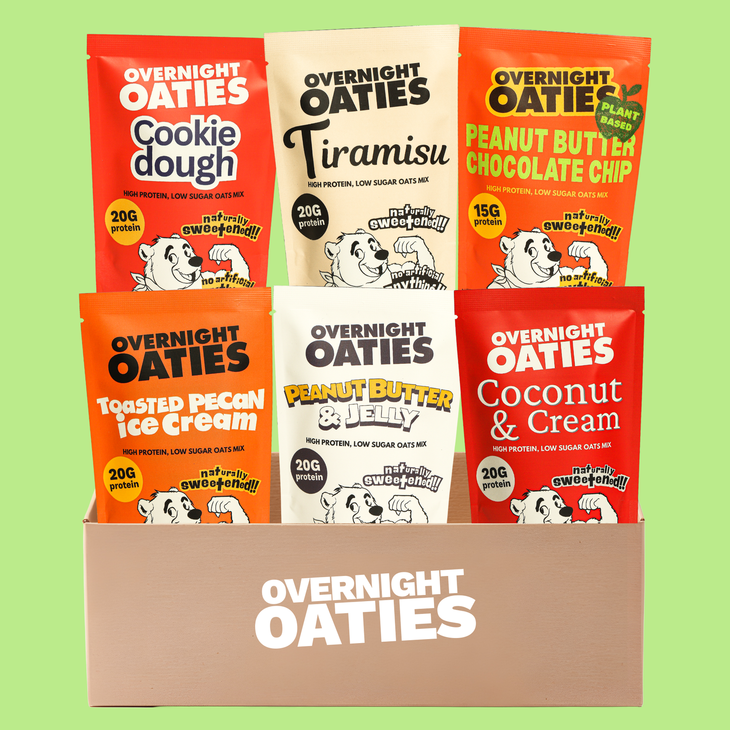 Assorted packages of Overnight Oaties on a green background